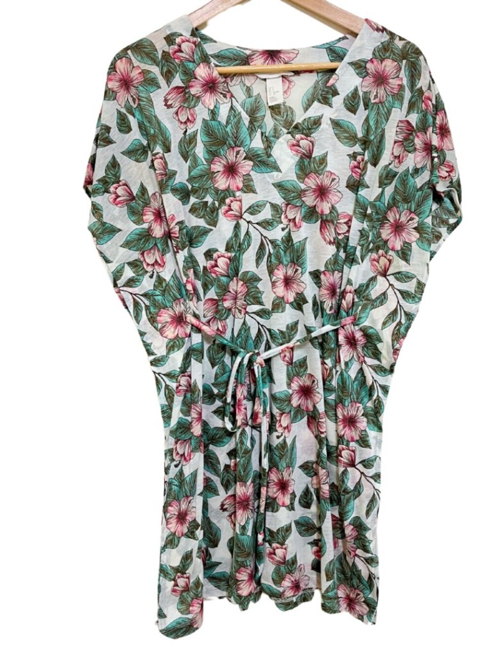 H&M Tropical Floral Tie-Waist V-Neck Tunic Cover-Up Top – S